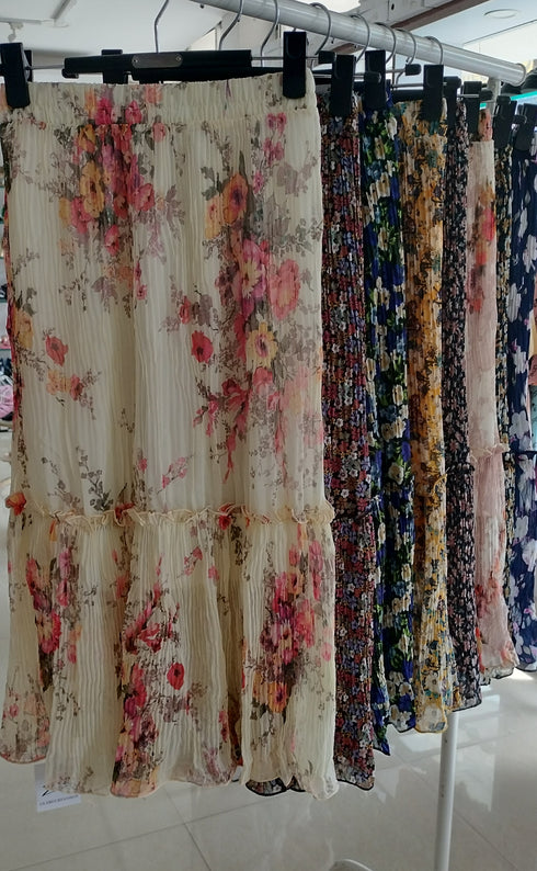 Chic Floral Printed Pleated Flounces Skirts